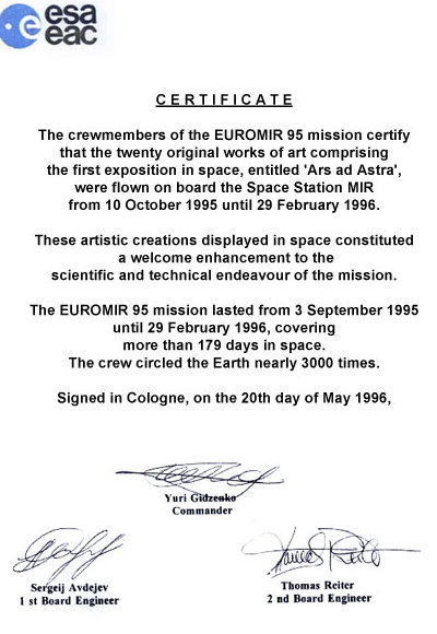 ESA Certificate Ars Ad Astra  